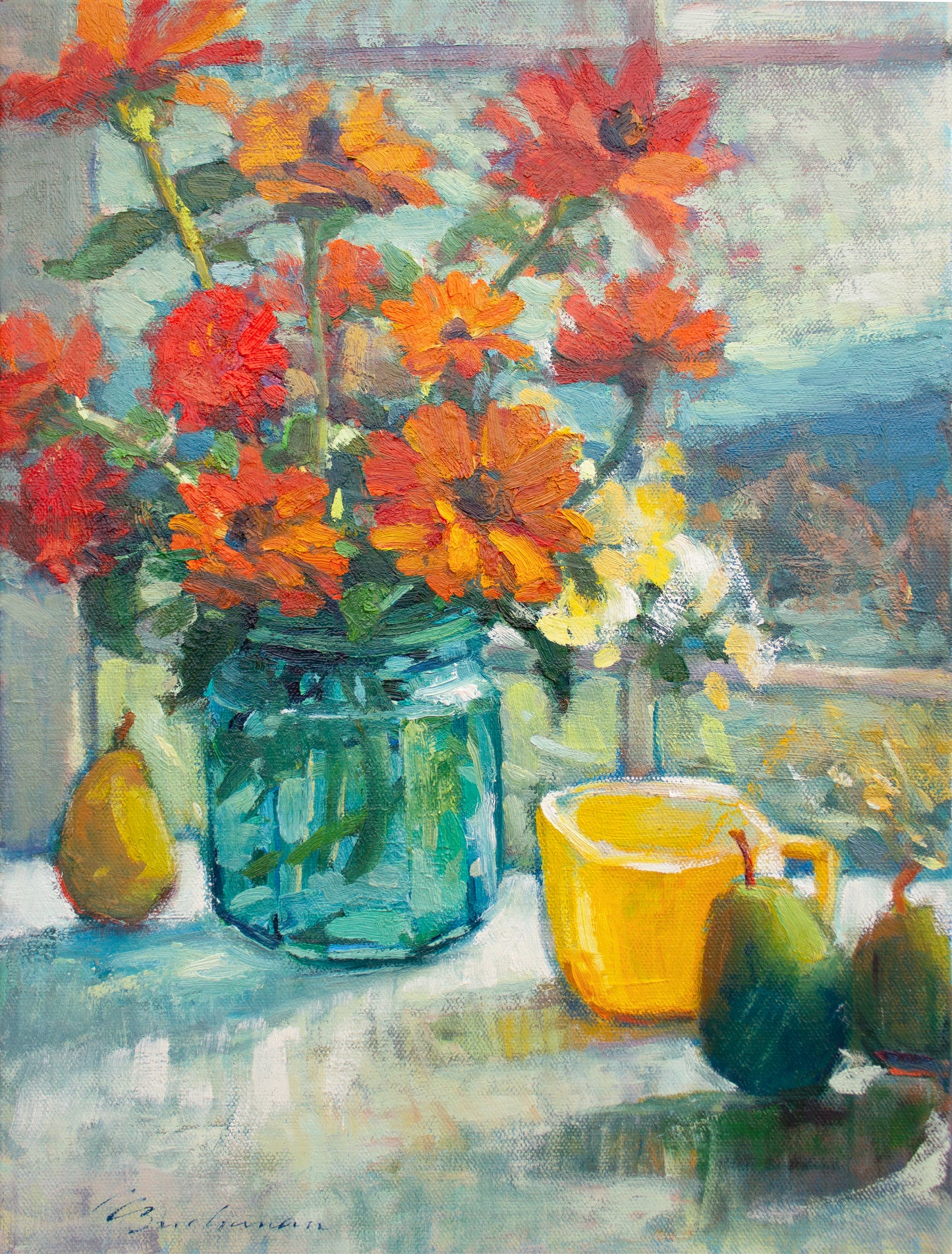 Pears and Zinnias     16" x 12"