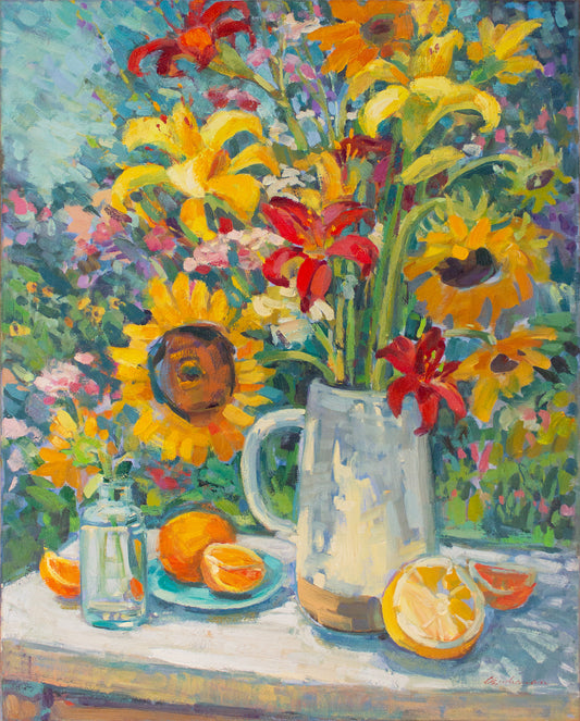 Sunflowers, Lillies, Yarrow & Grapefruit     30" x 24"