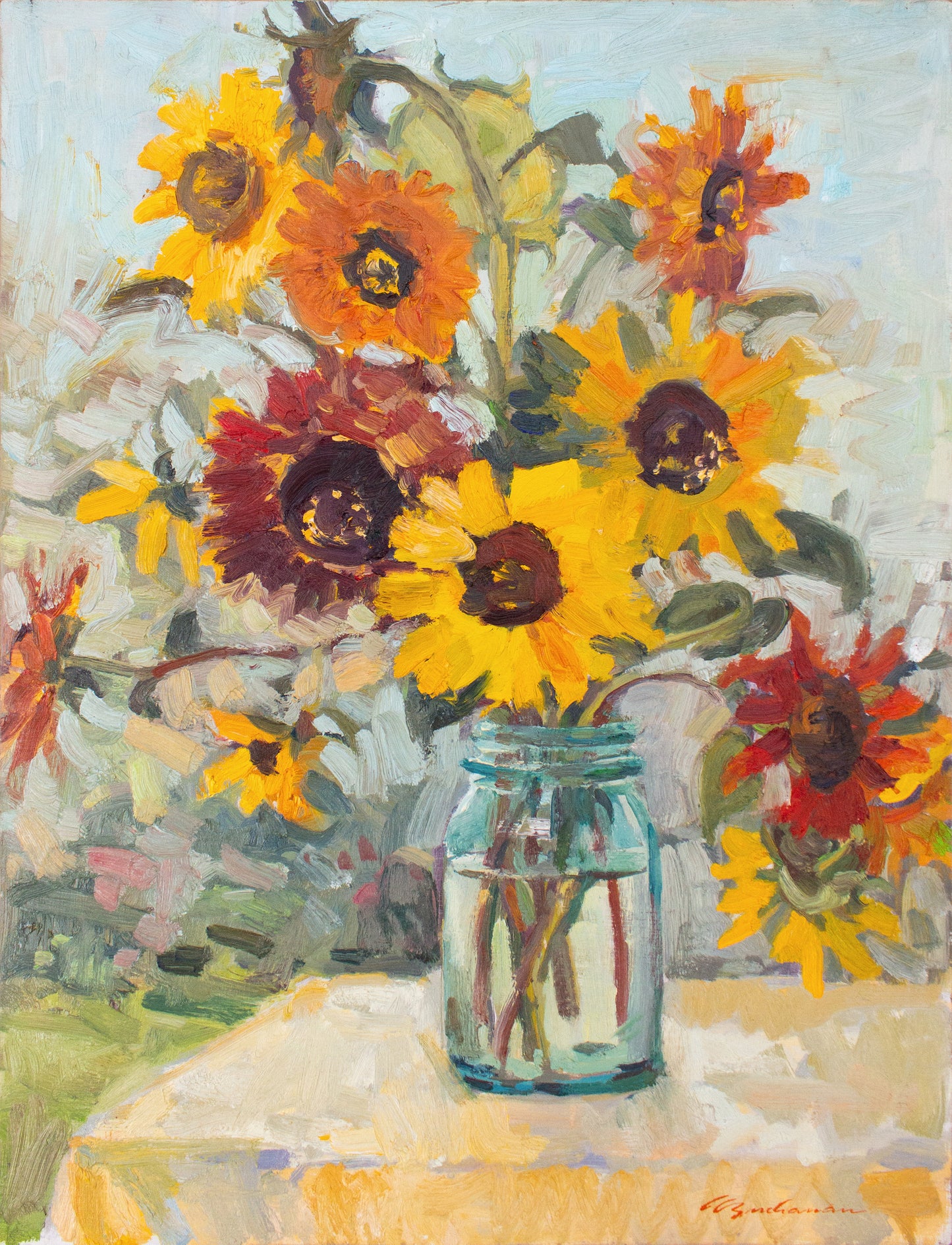 Sunflowers Big Blue Jar     24" x 18"