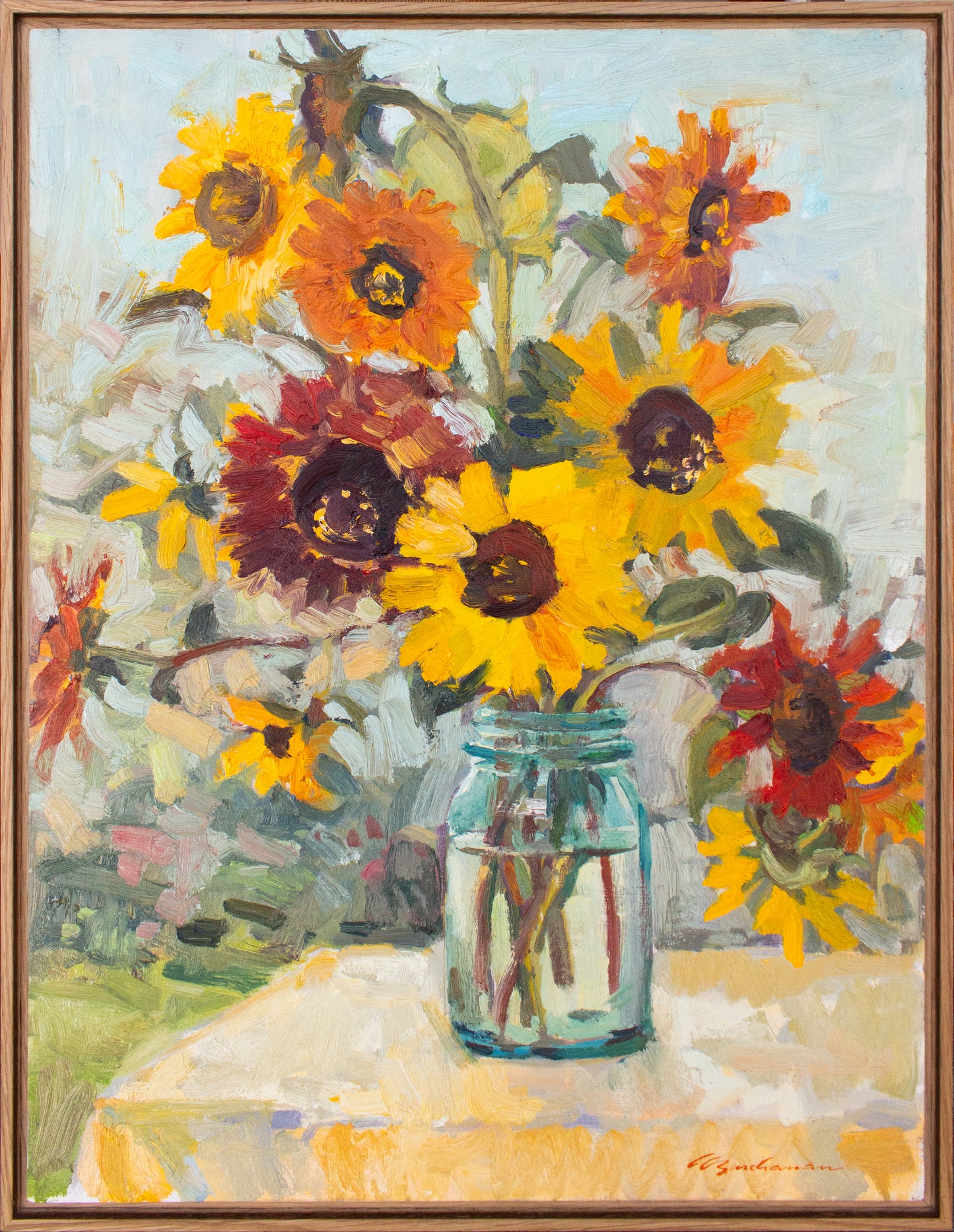 Sunflowers Big Blue Jar     24" x 18"